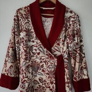 Soma red cream floral design‎ long sleeve short robe womens size M
